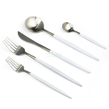 5Pcs/Set Stainless Steel Silverware Set White Dinnerware Set Knife Fork Dessert Fork TeaSpoon Cutlery Set Service for 1