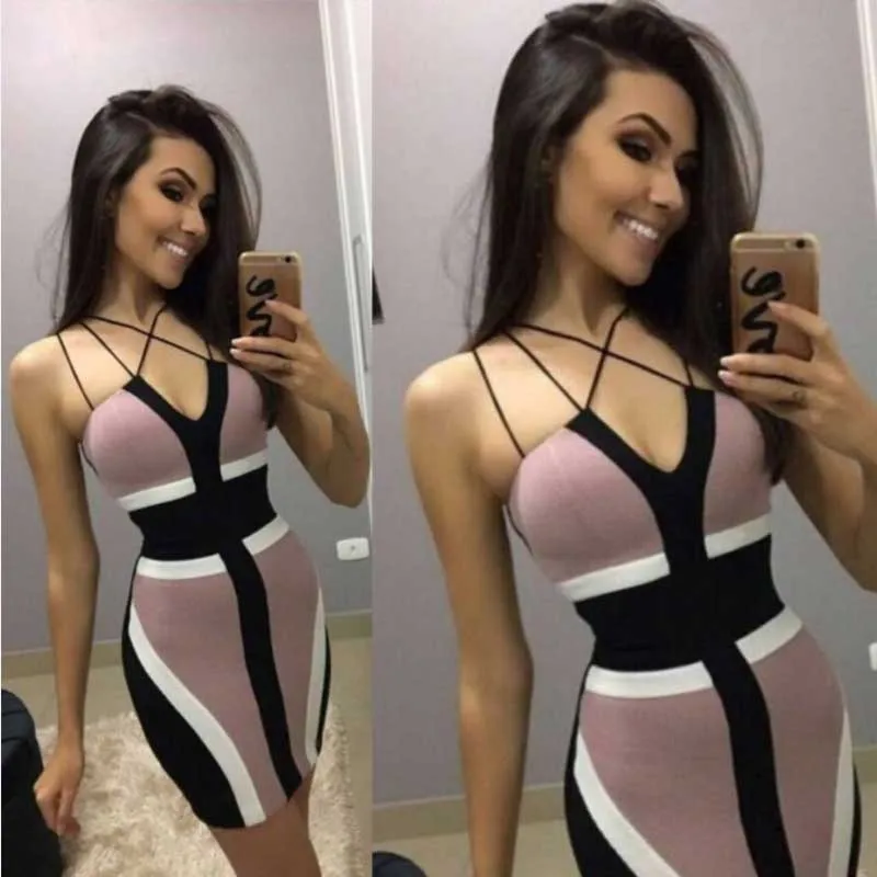 

Summer Women Sexy Spaghetti Strap Bandage Dress Patchwork Sleeveless Dresses Celebrity Party Club Zipper Sexy V Neck Vestido HL