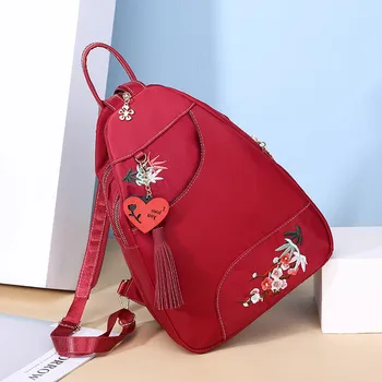 

Waterproof oxford women backpack embroidery Flower girls school bag multifunctional backpack female shoulder bag With tassel tra