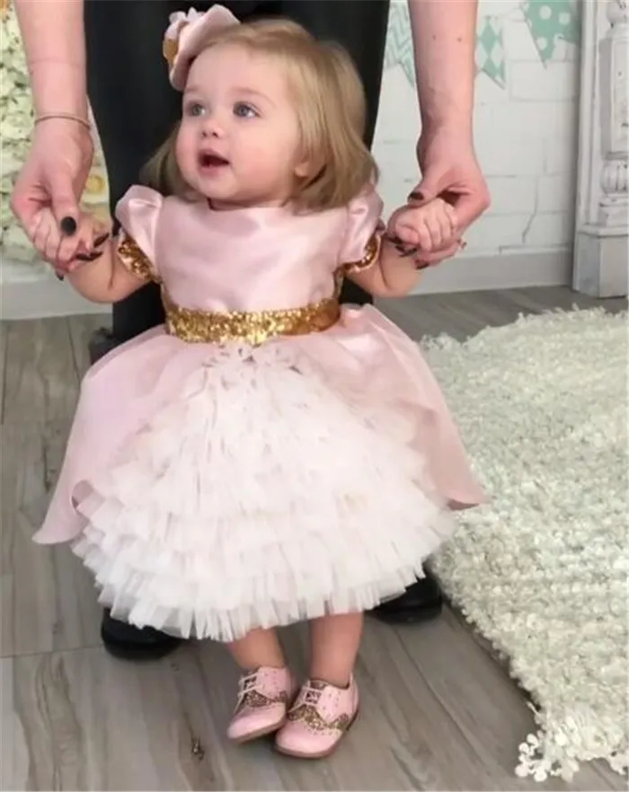 

real picture cute baby girls birthday gown with sequined bow short sleeves flower girl dresses baby party frocks size 0-24M