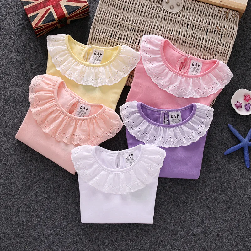 

New 2019 Autumn Winter Girls Tshirt Fashion Long Sleeve White Lace cute basic Bottoming Shirts Kids Baby Cotton Clothes AA3406