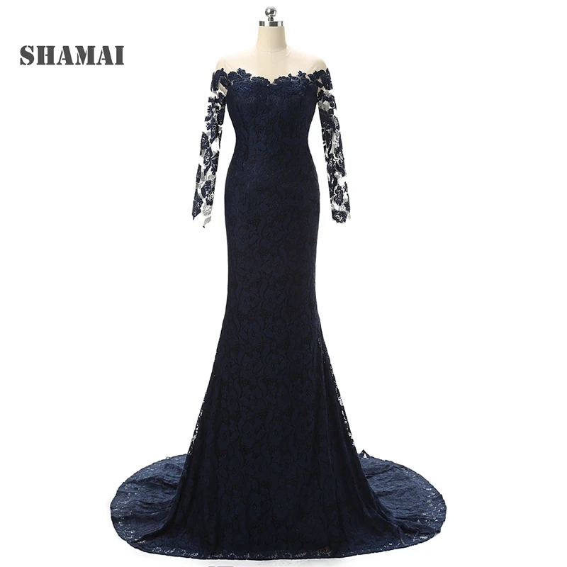 SHAMAI Dark Navy Blue Moeder Van Bruid Jurken Lange Mouwen Wedding Party Avondjurk Mermaid Moeder Jurken Formele Moeder Jurk SHAMAI Dark Navy Blue Moeder Van Bruid Jurken Lange Mouwen Wedding Party Avondjurk Mermaid Moeder Jurken Formele Moeder Jurk