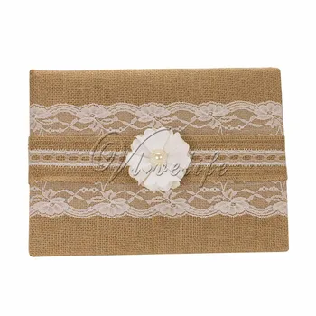 

Burlap Wedding Guest Book 16x25 cm with White Flowers Lace Faux Pearl for Party Decor Wedding Engagement Anniversary Gift