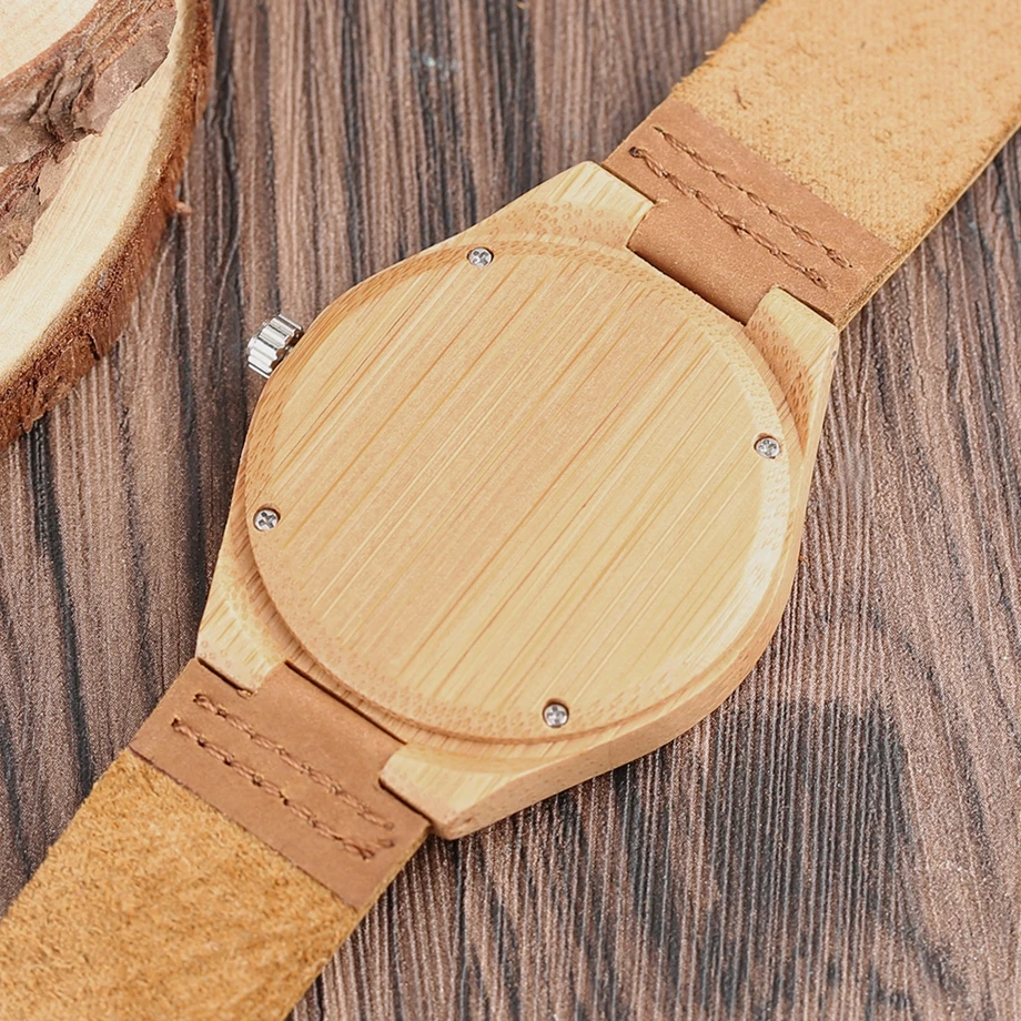 YISUYA Men's Watch Nature Wood Bamboo Watch Handmade Timber Clock Casual Sport Quartz Wrist Watch Genuine Leather Band Strap  (3)