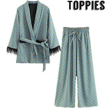 Toppies 2020 chaqueta Kimono estampado azul con mangas de plumas pierna ancha suelta Cuasal pantalones mujeres Vintage ropa trajes