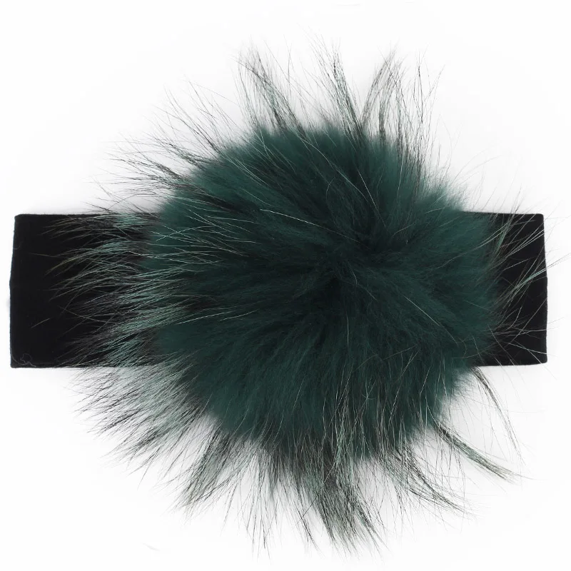 Geebro 15 см, помпоны из искусственного меха енота, Детская повязка из хлопка, Детские эластичные волосы для девочек, тюрбан-повязка для девочек, повязки для малышей - Цвет: Black Green