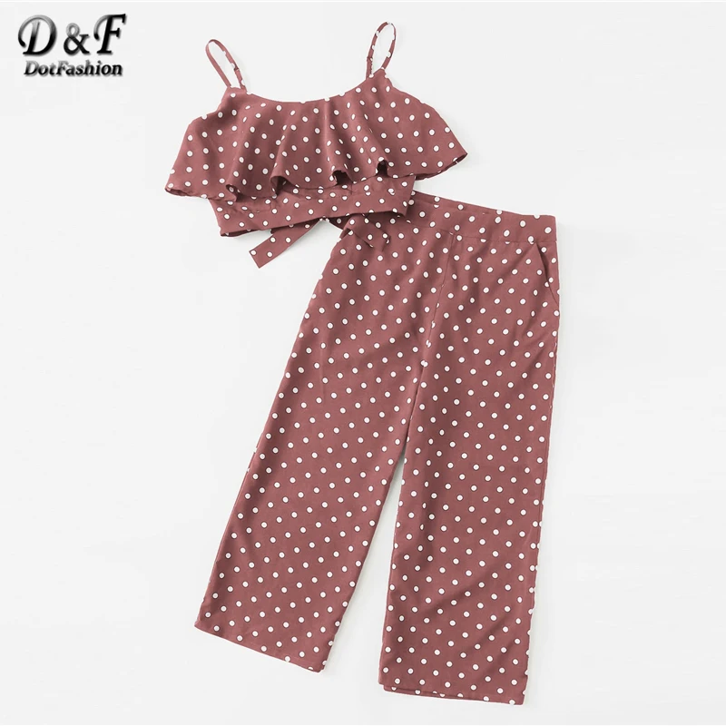 

Dotfashion Polka Dot Ruffle Knot Cami Top And Culotte Pants Co-Ord Women 2019 Summer Boho Sleeveless Beach Two Piece Outfits