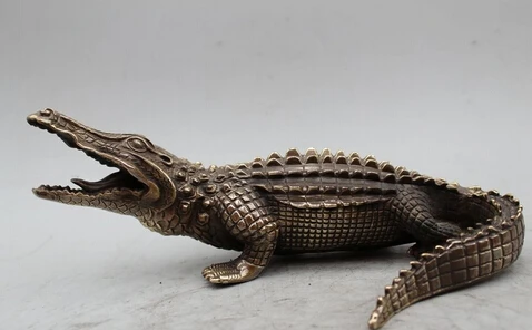 

free 11" Old Chinese China Copper Bronze Lifelike Crocodilian Cayman Crocodile Statue fast