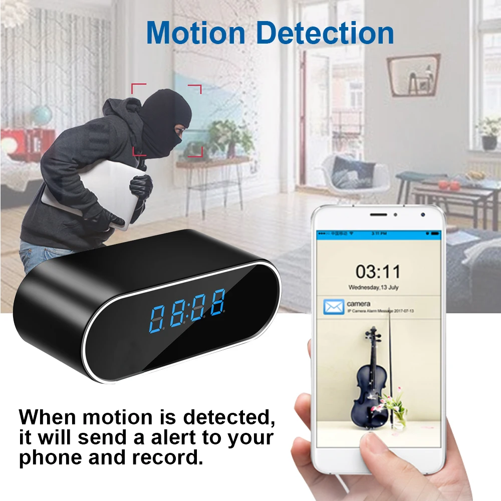  New HD1080P Mini Camera WIFI Clock Camera Time Alarm P2P Motion Detection Night Vision Remote Monit