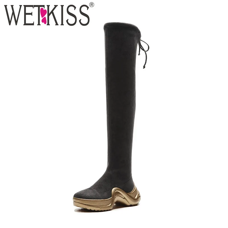 

WETKISS Over The Knee Women Boots Round Toe Cross Tied Footwear Stretch Female Boot Casual Platform Shoes Woman Winter 2018 New