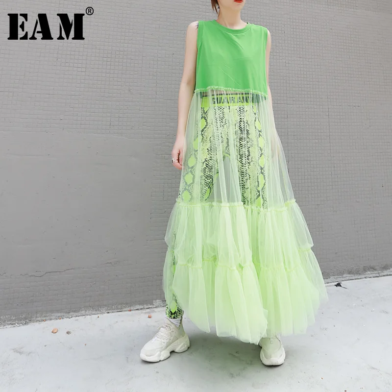 

[EAM] 2019 New Spring Summer Round Neck Sleeveless Green Mesh Split Joint Loose Temperament T-shirt Women Fashion Tide JU700