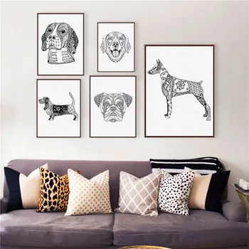 

5 Styles Hand Drawn Dog Canvas Art Print Poster , Zentangle Stylized Freehand Pencil Dog Canvas Painting Wall Art Decor