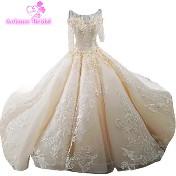 

2018 New Dubai Champagne Tulle Half Sleeves Illusion Wedding Dresses Cathedral Train Lace Up Ball Gown Cap Sleeve Robe De Mariee