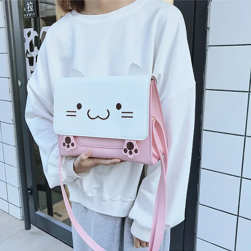 Японский стиль вышитый кот Сумка мультфильм милый кот Девушки забавные JK Униформа Сумки на плечи