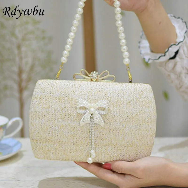 Rdywbu Women's Straw Pearl Bowknot Straw Woven Evening Clutches