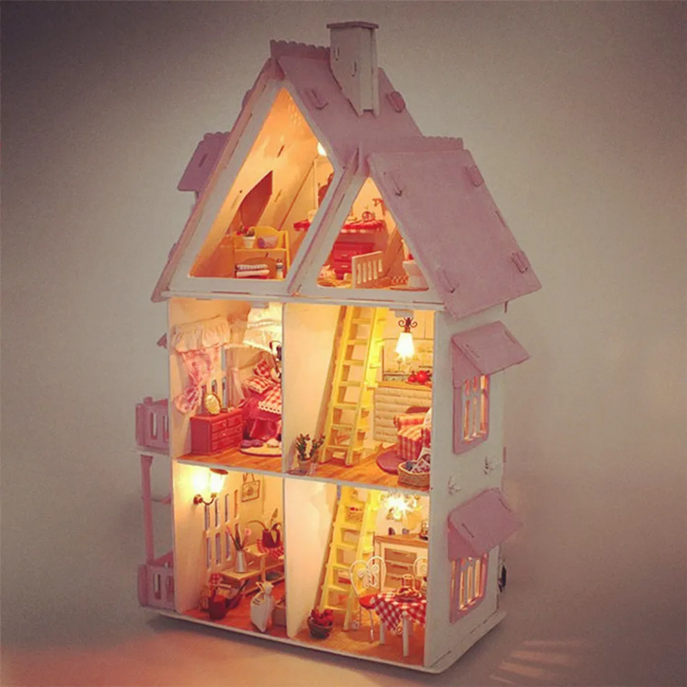 

Lovely DIY Handmade House Villa Miniature Wooden Doll Dream-House 3D Furniture Kits Model 42cm Height Princess Birthday Gift