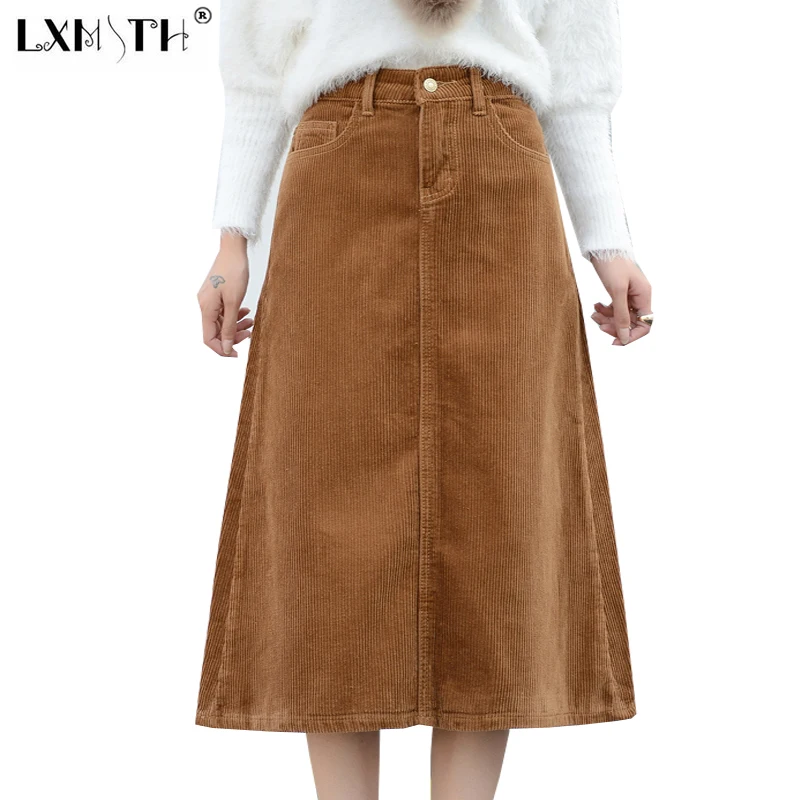 

8XL Womens Corduroy Skirts Zipper High Wait Skirt A Line Calf Length long Skirts Winter Pockets Maxi Skirt Plus Size Gray Khaki