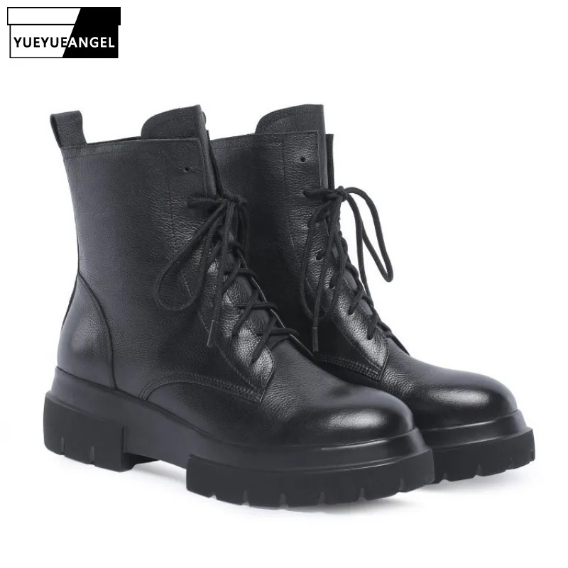 

Women Shoes Genuine Leather Zip White Winter Comfort Ankle Boots Fashion England Round Toe Thick Bottom Platform Boots