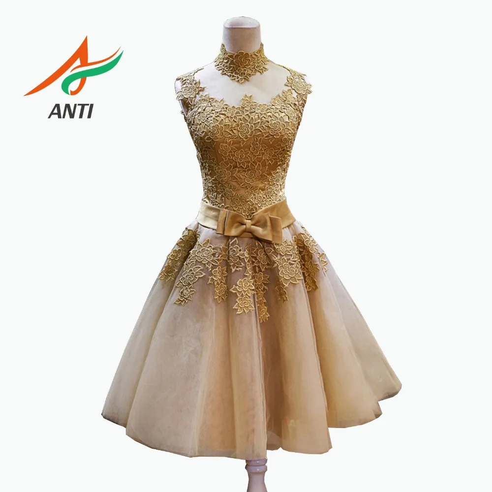 

ANTI 2019 Dubai Arab Champagne A-Line Tulle Graduation Dresses With Sleeveless Elegant High Neck Appliques mezuniyet elbiseleri