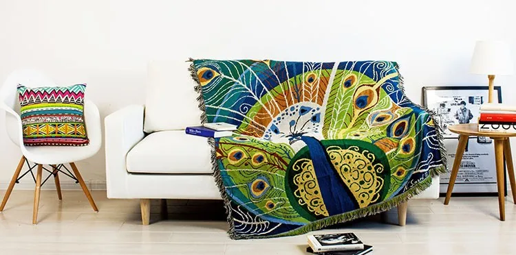 Винтаж Ленточки зеленый павлин тканые мягкий диван Одеяло бросает ковры диван крышку стул, стол накрыть крышкой печати домашнего декора 125x150 см