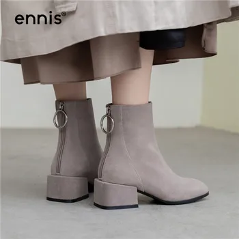 

ENNIS 2019 Autumn Women Boots Cow Suede Leather Martin Ankle Boots Chunky Heel Back Zipper Boots Black Gray Ladies Shoes A906