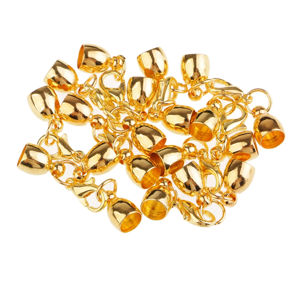 10x Gold Bell Shape Leather Cord End Cap Tips for 5mm Cord with Lobster Clasps Jewelry Findings for DIY Bracelet Necklace