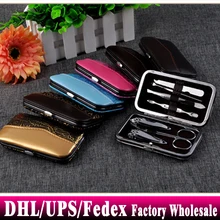 DHL FedEx 50 комплектов 7 шт Портативный маникюрный набор из нержавеющей стали с коробка из искусственной кожи+ дорожный мини-резак для ногтей