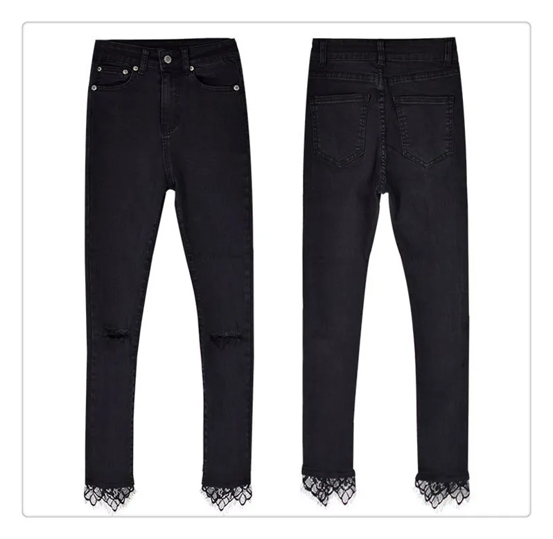 European and American women's wear high waist slender body elastic wash knees broken holes jeans nine trouser leg stitching lace super popular (10)