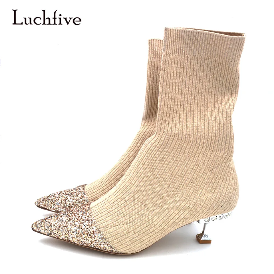 

New Arrival Elastic Knitted Sock Ankle Boots Women Sequined Shiny Pointed Toe Metal Jeweled kitten heels fashion Shoes Woman