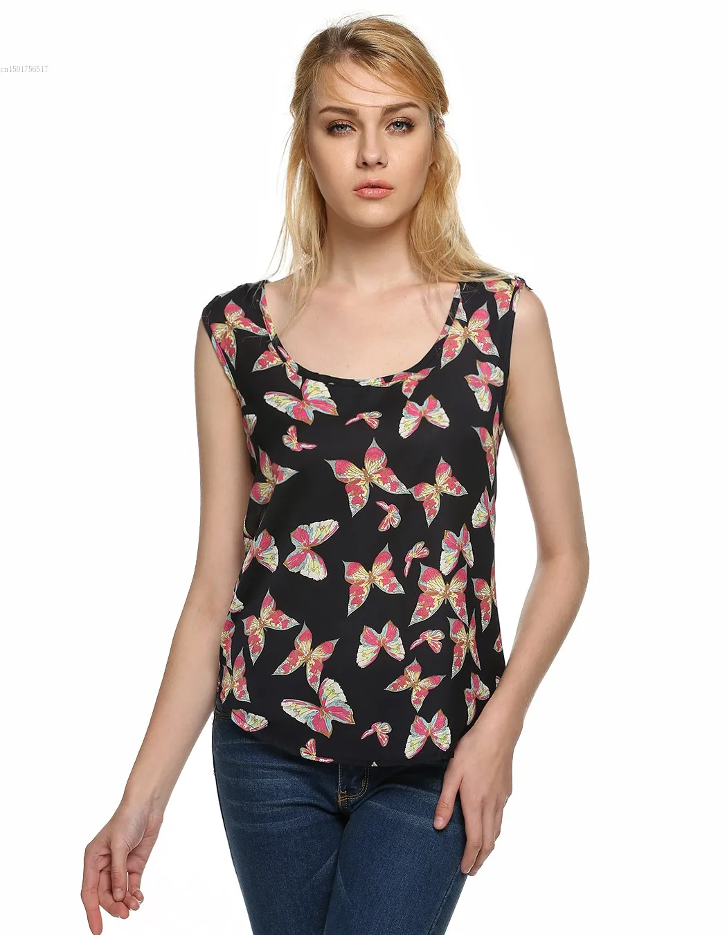 3 Sizes Women Fashion Chiffon Tank Tops Vest Shirts Butterfly Print