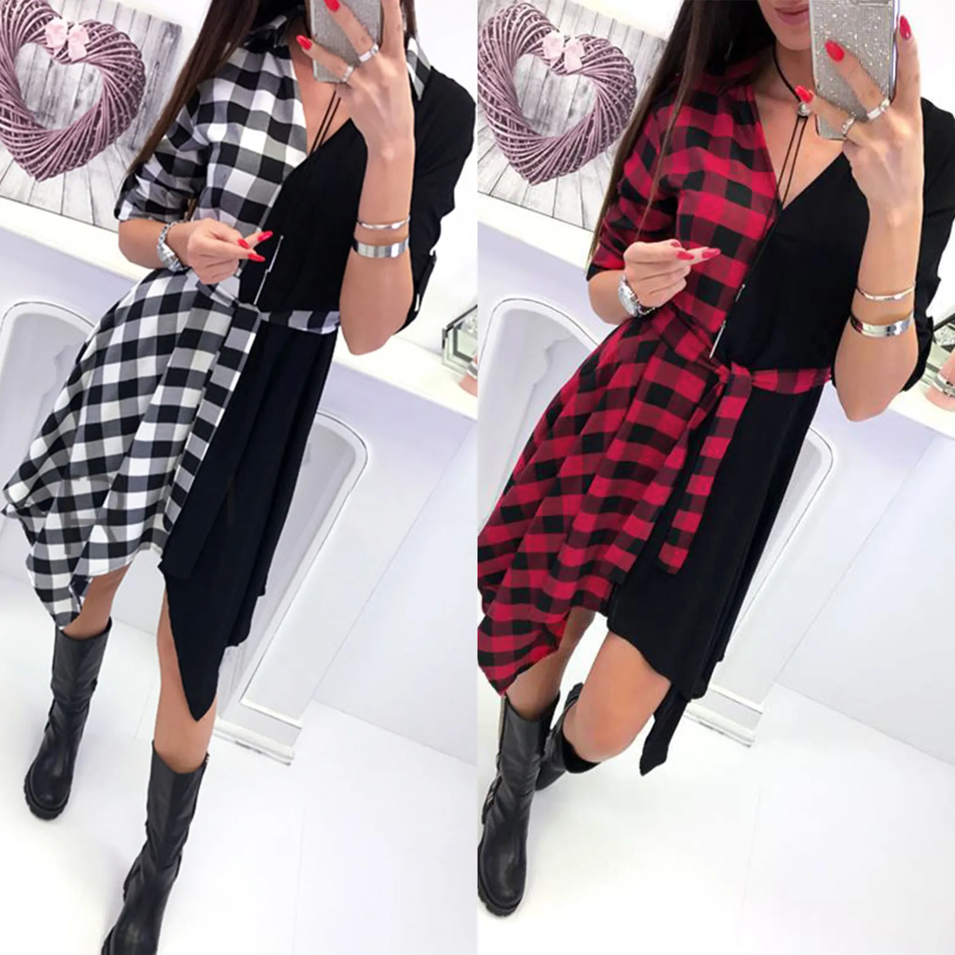 New Womens V-Neck Check Dress Long Sleeve Sashes Loose V Neck Plaid Tops Casual Sexy Mini Dress