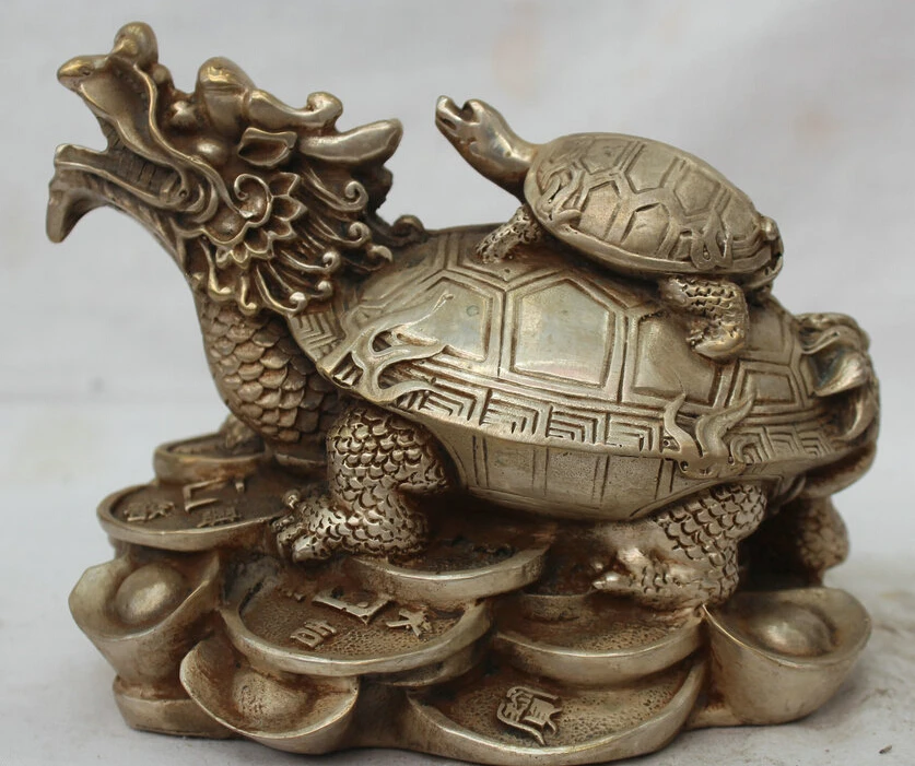 

7" China Chinese Fengshui Silver Money Wealth Fu Dragon tortoise Turtle Statue S R0710 Discount 35%