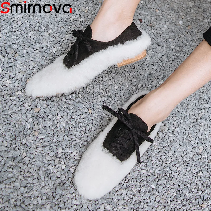 

Smirnova 2019 fashion new flat shoes woman lace up fur suede leather shoes casual comfortable flats women simple single shoes