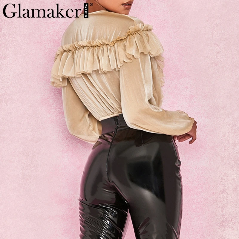 Glamaker Chiffon transparent mesh long sleeve bodysuit Women ruffle deep v neck bodysuit Sexy casual short jumpsuit party romper