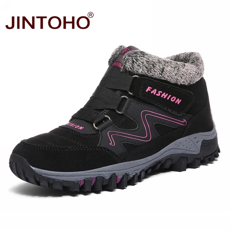 JINTOHO/Высококачественная теплая зимняя обувь; модные зимние ботинки; брендовые резиновые ботильоны для мужчин; повседневные зимние ботинки; мужские ботинки - Цвет: women black pink