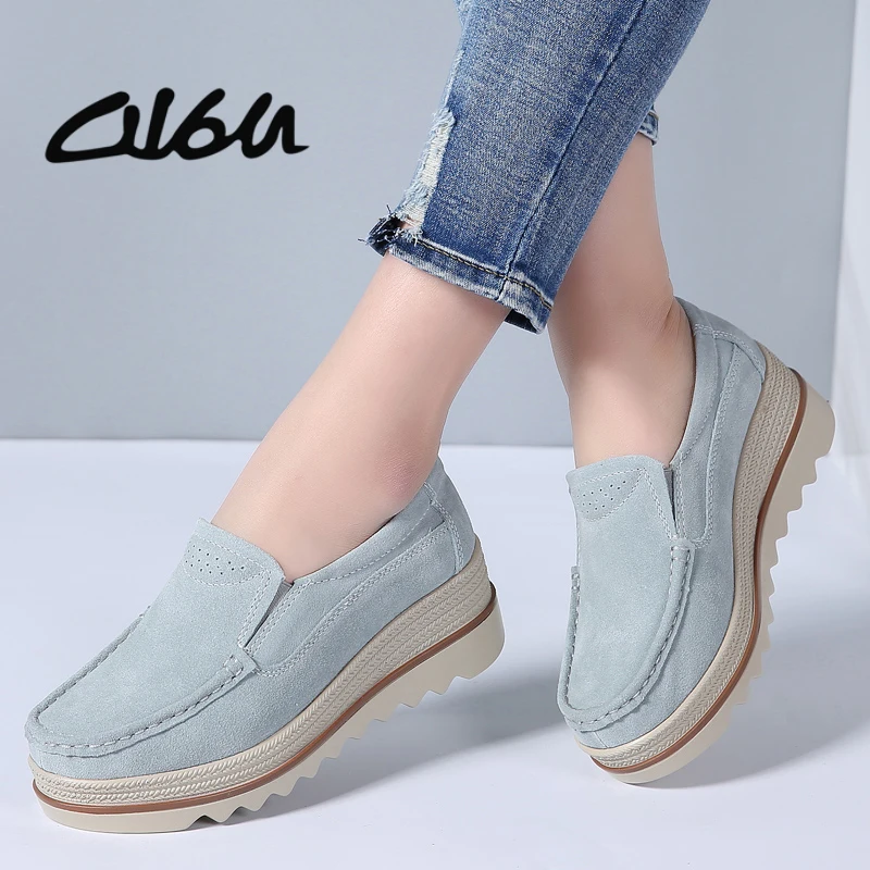 

O16U 2018 NEW Women Flats Platform Shoes Suede Leather Shoes Slip on Ladies Moccains Platform Loafers Shoes Flat Women Creepers
