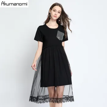 

Summer Sequined Cotton Dress Women 2019 Plus Size O-neck Short Sleeve Mid-calf Mesh Lace Party Dress Free Shipping Robe Jurken