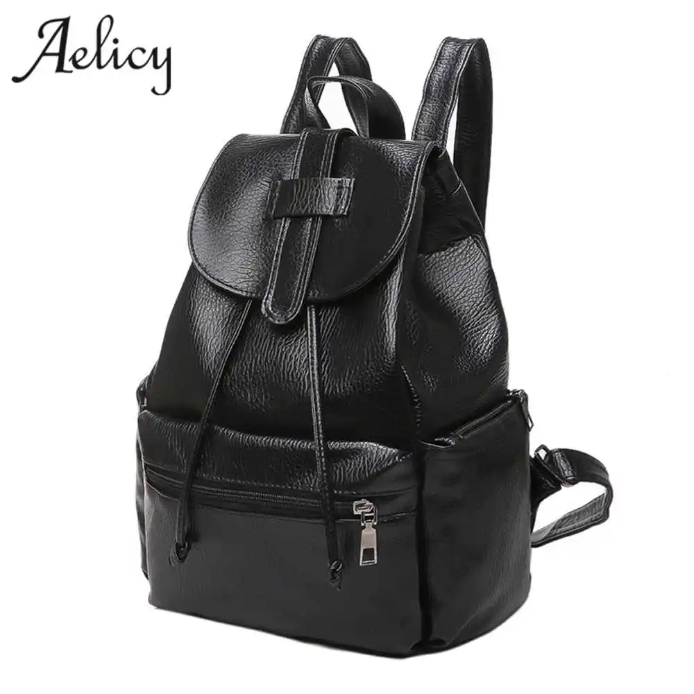 Aelicy Women Backpack Women Vintage Rope Belt Soft Black Leather Backpack Female Bags Fashion Casual Rucksack mochila D45