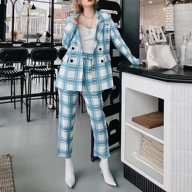 Spring Vintage Women's Pant Suits Double Breasted Long sleeve Office Blazer Jacket And Nine Pants Sets Plaid 2 Piece Set Women