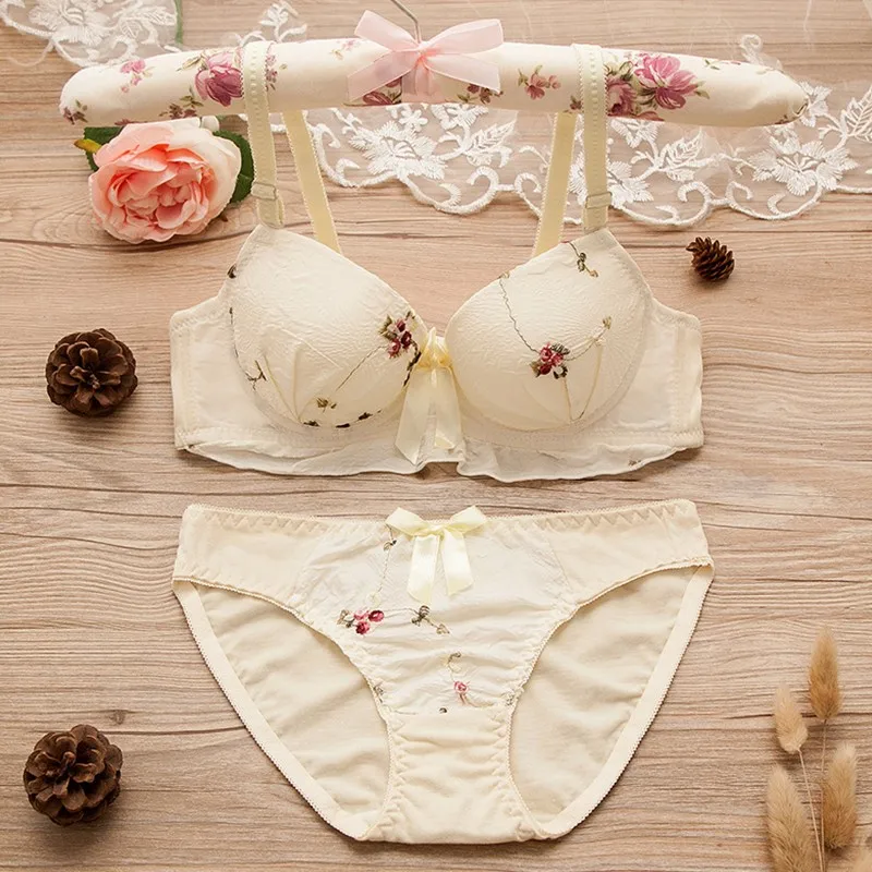 Deruilady Elegant Girl Bra Set Cute Underwire Embroidery Bra Panties Set Cotton Lace Underwear Lingerie Sexy Bra Brief Set Women
