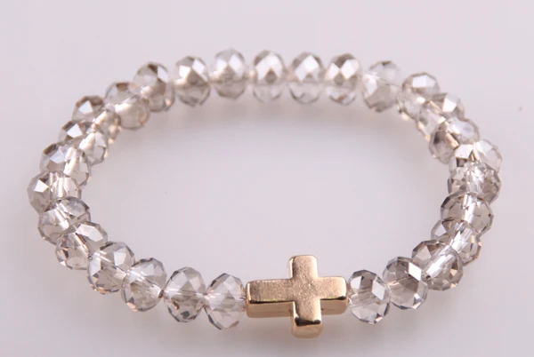 

Hot Sale Gray crystal glass beads with Cross charm bracelets women stretch Bracelet