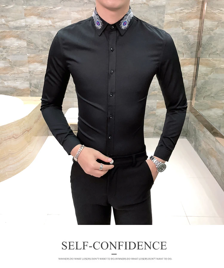 Весенняя Корейская мужская рубашка с длинным рукавом Camisa Masculina, одноцветная модная мужская рубашка с вышитыми перьями, Camisa Homem, Черная