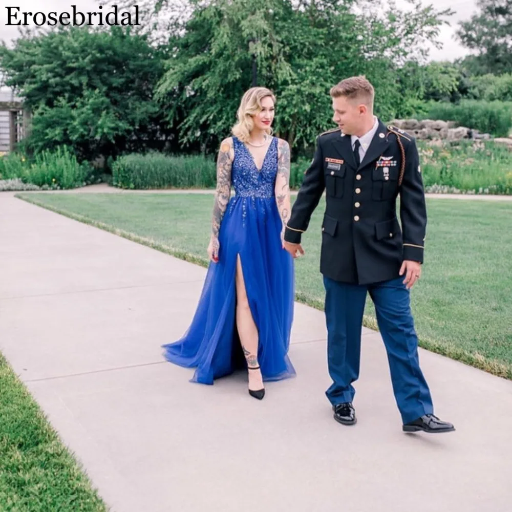 

Erosebridal Royal Blue Prom Dress 2019 A Line Real Image Beaded Bodice Elegant V Neck with Open Back Formal Women Wear