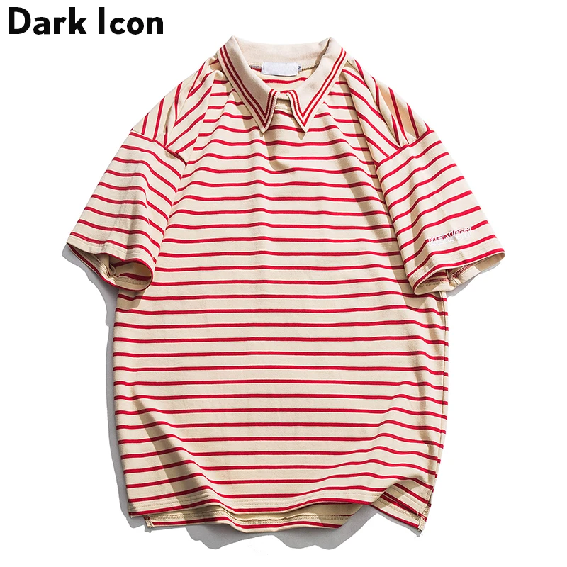 

Dark Icon Striped Turn-down Collar Men's T-shirt Short Sleeve 2019 Summer Loose Stripe Tshirts Men Cotton Street Tee Shirts