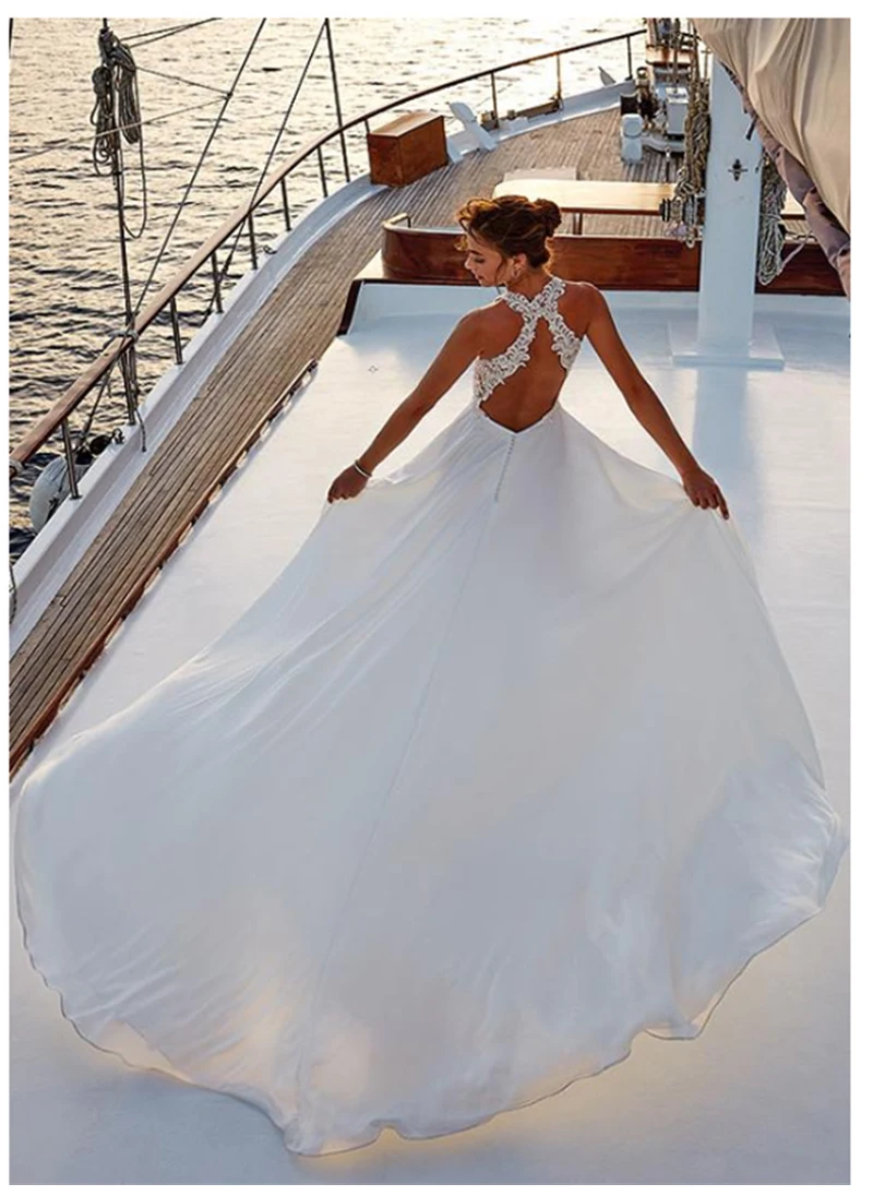 Лори Бохо свадебное платье Холтер Шеи Шифоновые кружевные аппликации невесты платье боковой Сплит свадебное платье