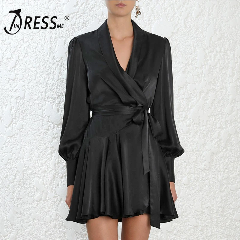 Женское Клубное платье трапеция INDRESSME Черное мини с пышными рукавами и поясом