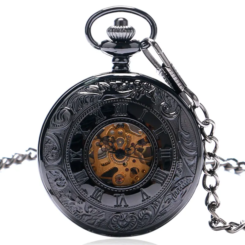 

2018 Black Double Hunter Pocket Watch Roman Numerals Dial Case Skeleton Hand Winding Mechanical Fob Watch Free Shipping