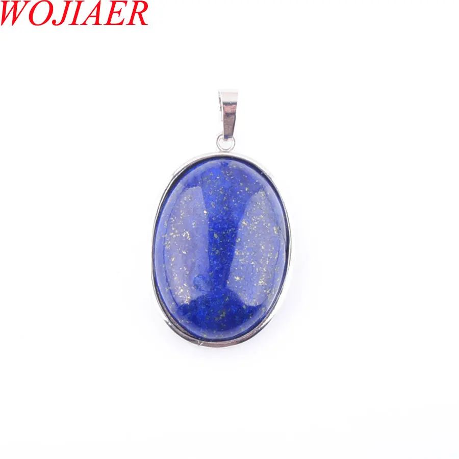 

WOJIAER Natural Lapis Lazuli Gem Stone Bead Oval Silver Plated Healing Reiki Chakra Pendant Jewelry 1pcs PN3223