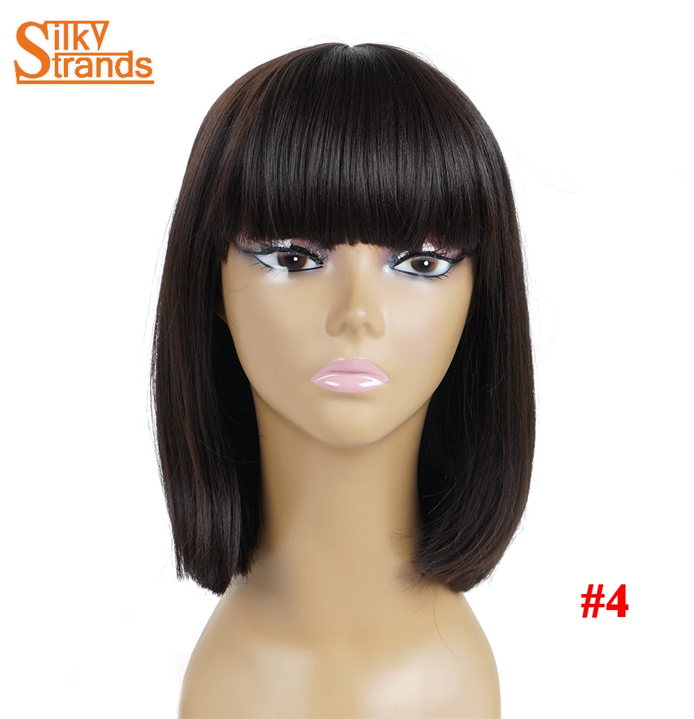 Короткий черный боб парики для женщин с плоской челкой шелковистые пряди Афро-американский коричневый прямой средняя часть парик синтетические волосы
