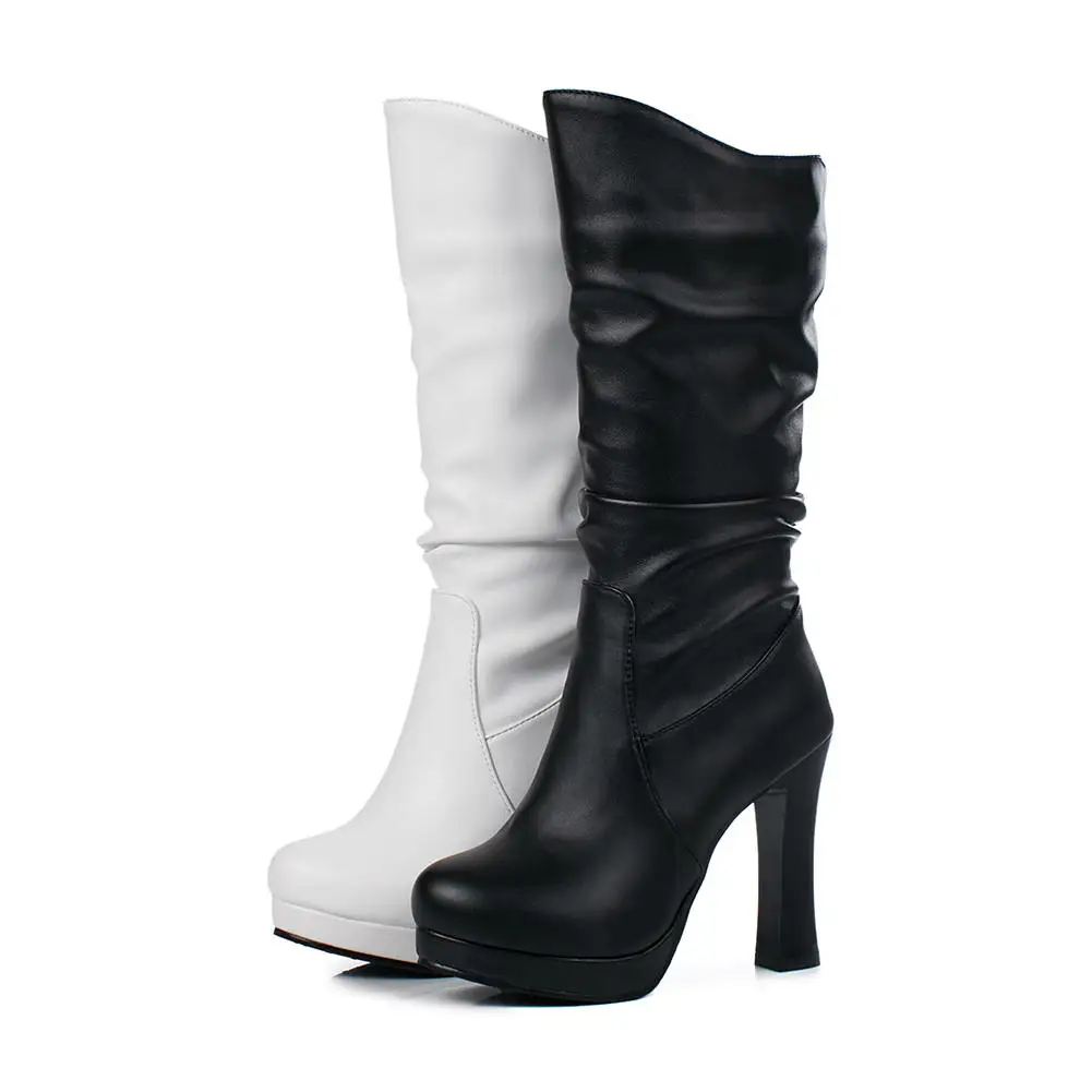 KarinLuna/осенне-зимняя обувь на не сужающемся книзу высоком массивном каблуке, большие размеры 33-43 женские ботинки женские сапоги до середины икры на платформе с мехом без застежки